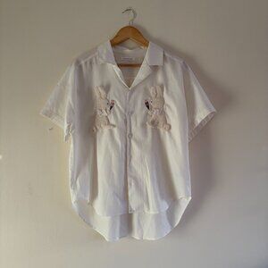 White bunny appliqué button-up blouse